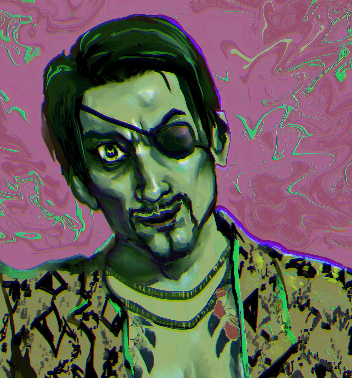 Majima Goro Yakuza Fanart Trippy Digital Illustration in Green and Pink