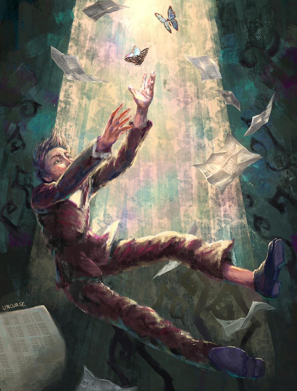 A vibrant digital painting of a falling person grasping towards butterflies, all bathed in a golden divine light while papers flutter alongside the figure.