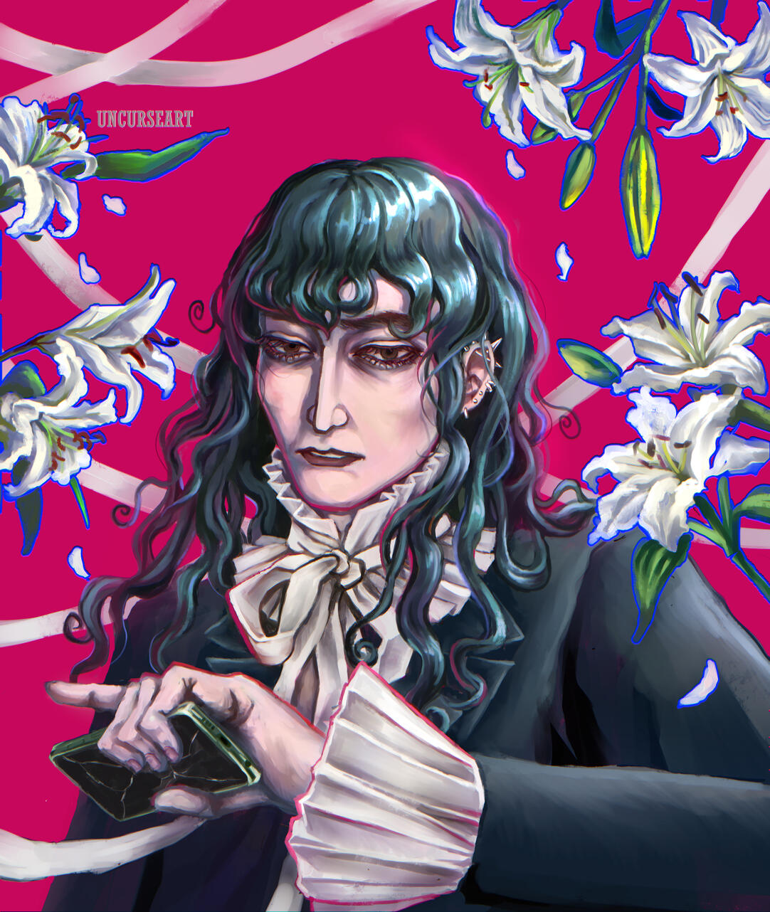 Digital illustration of a person with black wavy hair wearing a pleated silk collar with ribbons and silk strings looming behind them. Lily flowers frame their distraught expression sardonically, while the person grips a shattered phone.